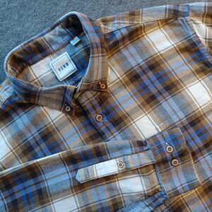 ROWM Mens XL Plaid Flannel Shirt Long Sleeved Brown/Blue/White Left Pocket